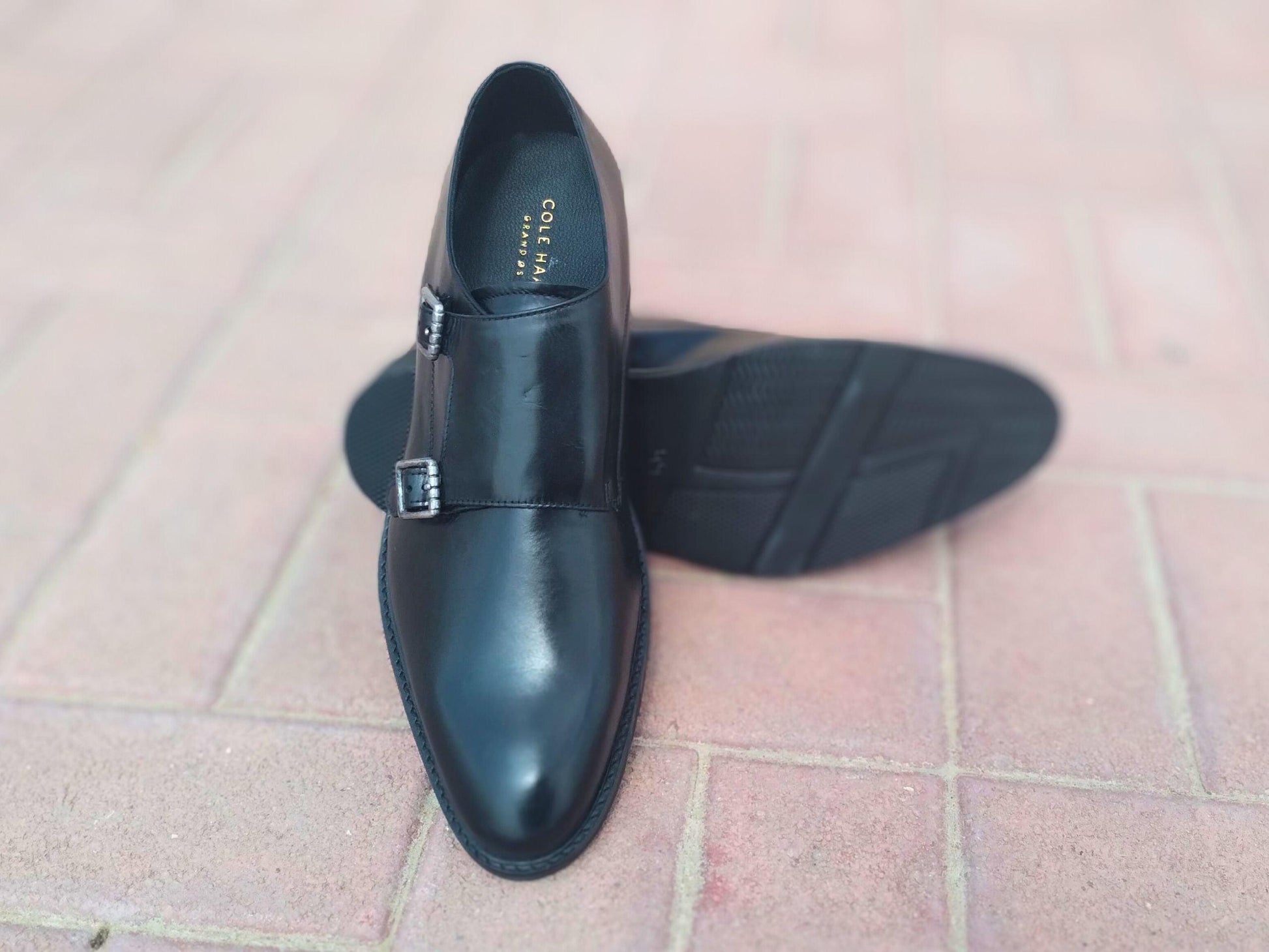 Double Strap Shoes Genuine Leather Plain toe Black - Rambler Shoes FZE