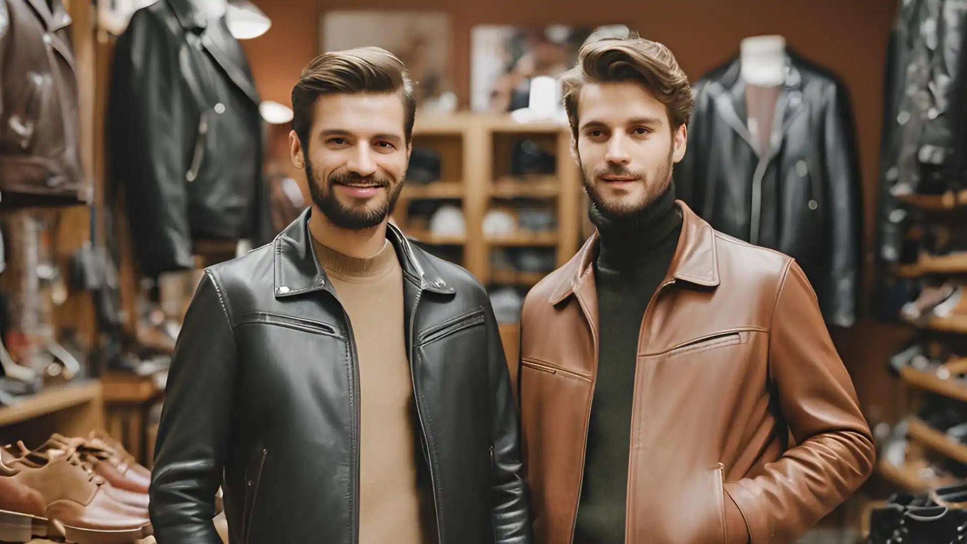 Two men wearing leather jackets.